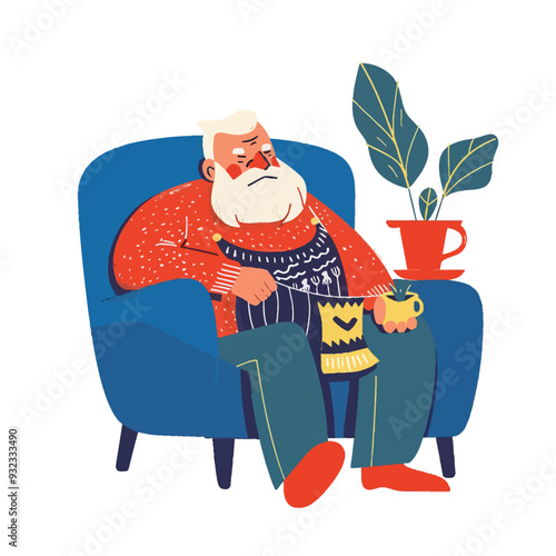 Flat illustration of a white bearded grandpa sitting