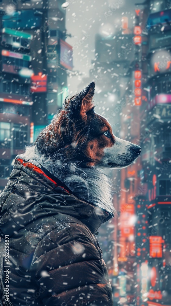 A dog is standing in the snow in front of a neon sign. The image has a futuristic and urban feel to it A dog is standing in the snow in front of a neon sign. The image has a futuristic and urban feel to it