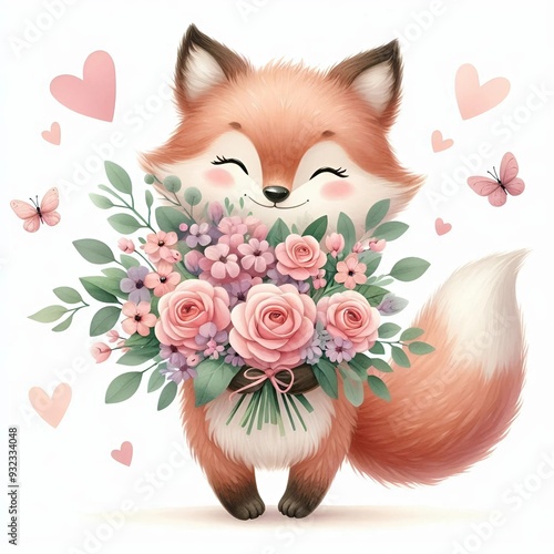 A cute cartoon fox Holding a Large, Lush Bouquet of Flowers: Sweet Watercolor Illustration with Delicate Pink Hearts and Butterflies, Isolated on White Background.