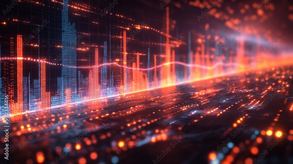 Obraz premium A futuristic financial graph showcasing rising bar charts in a digital environment, representing growth, progress, and the power of advanced analytics in modern finance