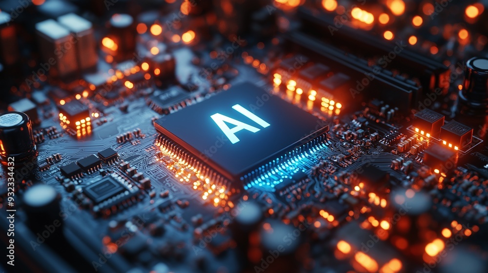 A futuristic AI microchip embedded in a computer circuit board, highlighting the cutting-edge advancements in artificial intelligence and modern technology, representing innovation and the future A futuristic AI microchip embedded in a computer circuit board, highlighting the cutting-edge advancements in artificial intelligence and modern technology, representing innovation and the future