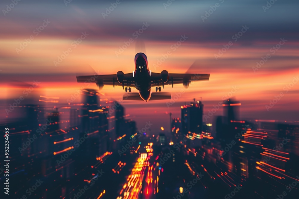 Airplane soaring above cityscape during golden hour, perfect for urban or travel themes Airplane soaring above cityscape during golden hour, perfect for urban or travel themes