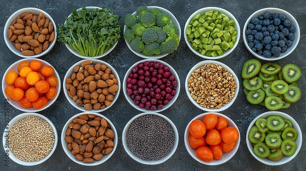 A table displays various fruits, veggies, kiwis, and broccoli in bowls A table displays various fruits, veggies, kiwis, and broccoli in bowls