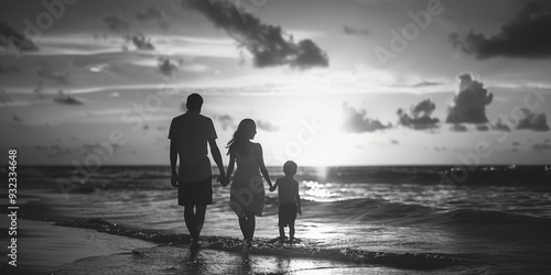 A black and white photo of a happy family playing together on the beach