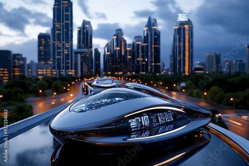 Futuristic transport gliding through a modern city skyline at dusk, showcasing innovative design and urban lifestyle.