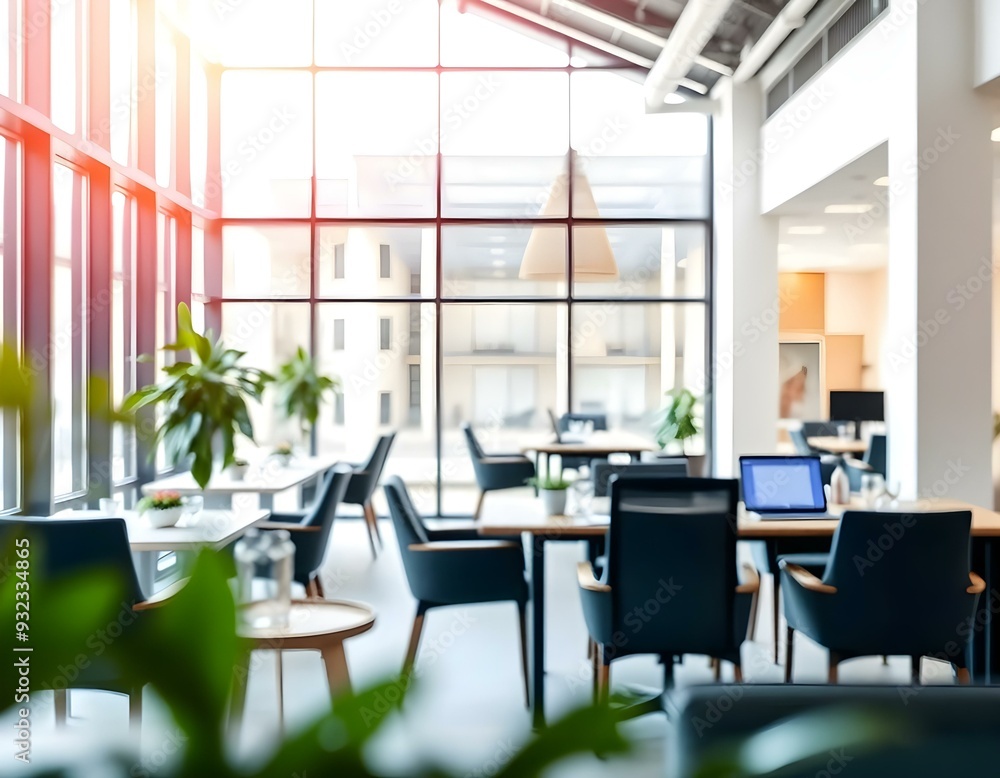 Fototapeta premium bright open space with large windows and stylish decor, bokeh background create with ai