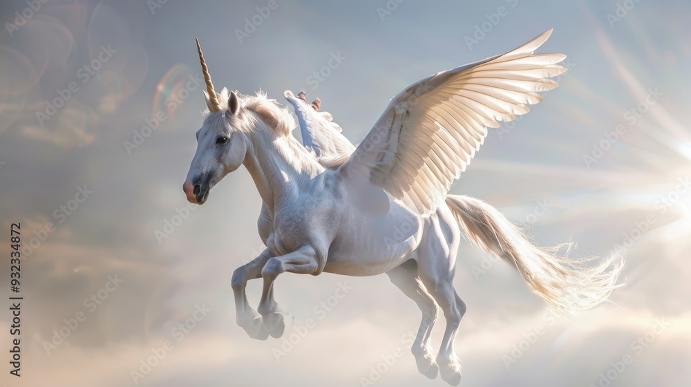 A beautiful winged unicorn flies elegantly through a dreamy sky filled with soft clouds and golden light A beautiful winged unicorn flies elegantly through a dreamy sky filled with soft clouds and golden light