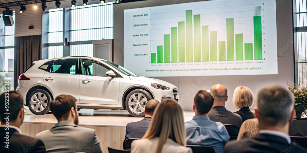 Professionals attend a business conference where a new electric car ...