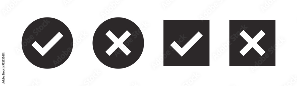 Black and White True and Wrong Icon Set - Monochrome Check Mark and Cross Symbol for Correct and Incorrect Indications, Minimalist UI Design, and Decision-Making Black and White True and Wrong Icon Set - Monochrome Check Mark and Cross Symbol for Correct and Incorrect Indications, Minimalist UI Design, and Decision-Making