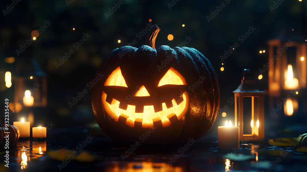 Fototapeta premium A carved pumpkin with a mischievous grin illuminated by candles during Halloween night in a dark, enchanting forest setting
