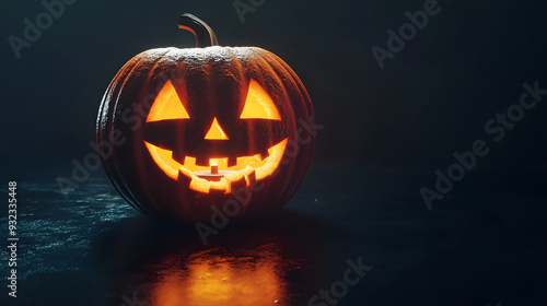 A glowing jack-o'-lantern illuminated on a dark surface during Halloween night