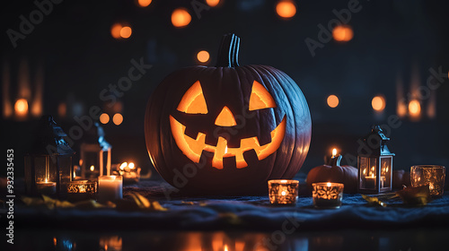 A  carved glowing pumpkin with a cheerful expression sits among flickering candles, creating a festive Halloween atmosphere.