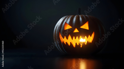 A carved pumpkin with sharp teeth and glowing eyes sits against a dark backdrop, capturing the spirit of Halloween.