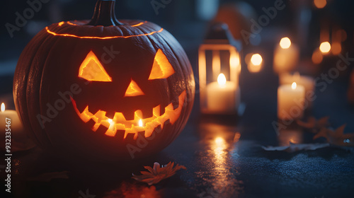 A Halloween lantern with an eerie grin emits a warm glow, accompanied by lit candles creating a festive Halloween atmosphere.