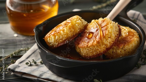 Golden skillet cornbread served warm with a drizzle of honey perfect for a hearty food pairing photo