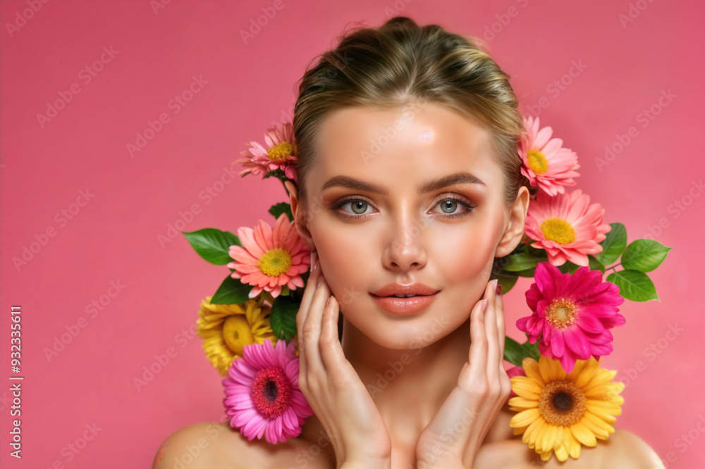 Woman with floral accents on a pink background showcasing a beauty look during a portrait session. Generative AI Woman with floral accents on a pink background showcasing a beauty look during a portrait session. Generative AI