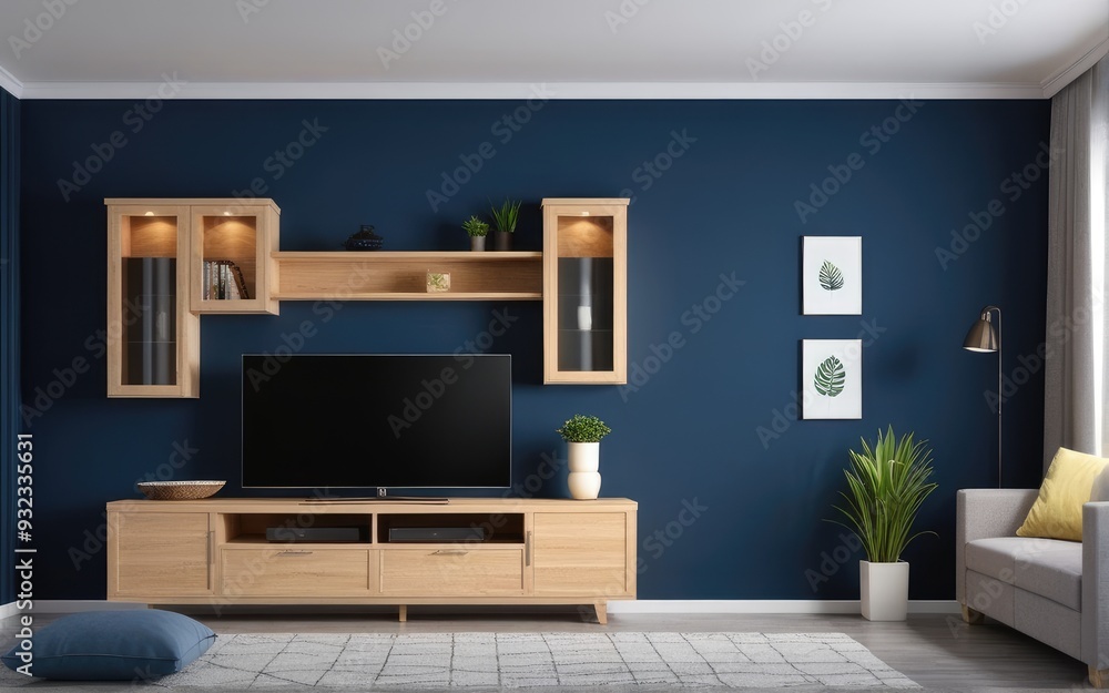 Modern interior of living room with tv on the cabinet on dark blue wall background Modern interior of living room with tv on the cabinet on dark blue wall background