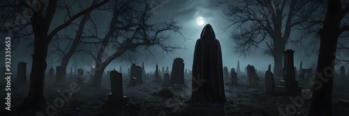 hooded figure in a nocturnal cemetery looking at the full moon with tombstones, twisted trees and fog, halloween, cemetery, night, full moon, hooded figure, tombstones, bare trees, mist, mystery