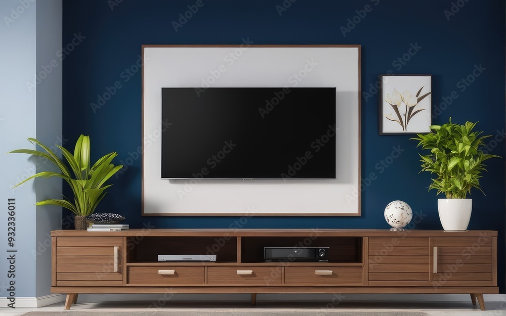 Modern interior of living room with tv on the cabinet on dark blue wall background Modern interior of living room with tv on the cabinet on dark blue wall background