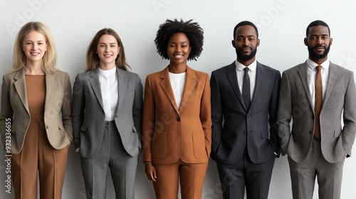 A group of diverse professional workers smiling and posing in a modern office setting, emphasizing teamwork, diversity, and through DEI hiring of multicultural employees