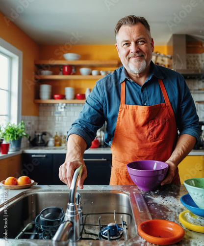 middle-aged man in a kitchen with a smile on his face is busy cleaning the kitchen