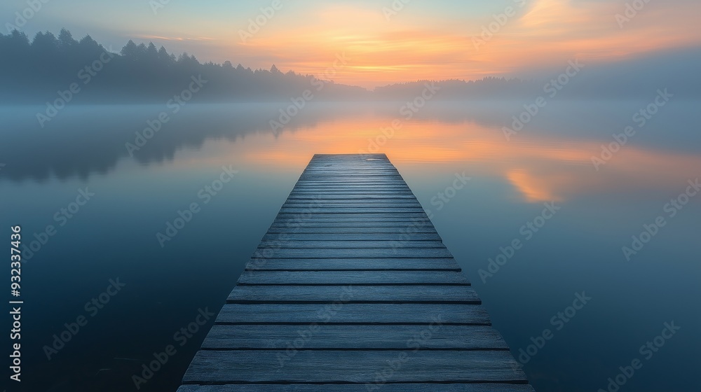 Obraz premium A serene wooden pier extending into a misty lake during sunrise, symbolizing tranquility, reflection, and the journey of life with mindfulness through spirituality on a peaceful morning in nature