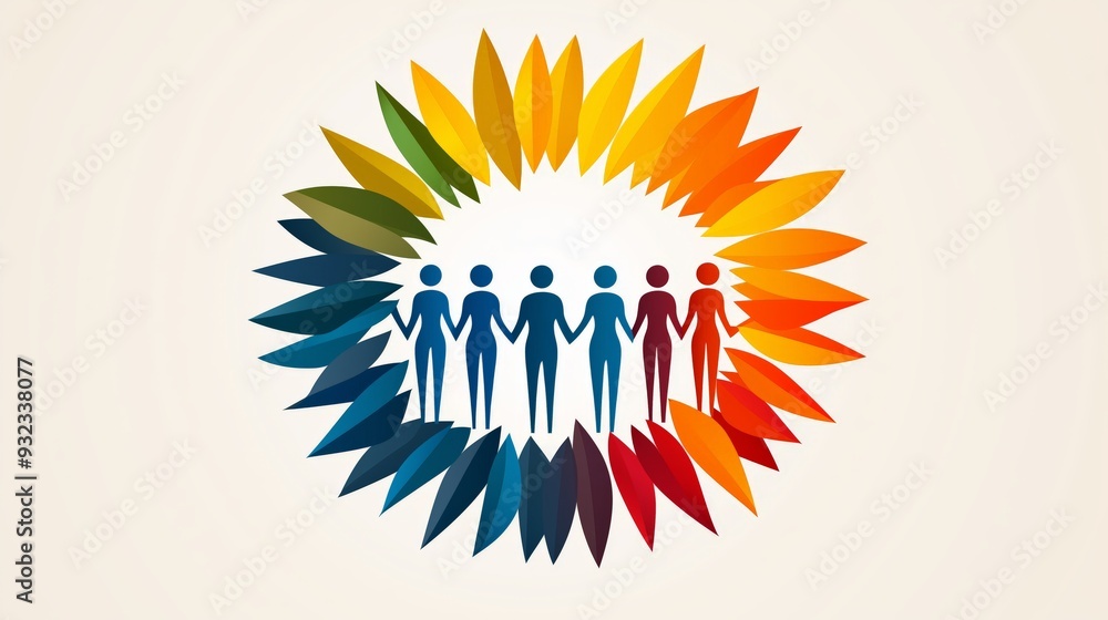 Obraz premium Silhouettes of colorful figures stand in a row, representing unity, community, and diversity, highlighting the importance of inclusion and togetherness through DEI and multicultural diversity