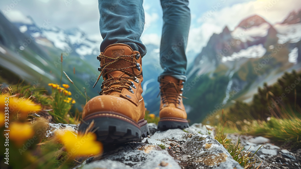 Winter shoes close up walking in the mountains Winter shoes close up walking in the mountains