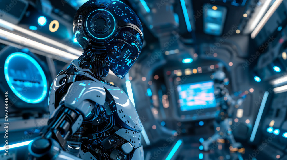 A sleek robot examines glowing control panels in a dimly lit, futuristic spaceship environment A sleek robot examines glowing control panels in a dimly lit, futuristic spaceship environment