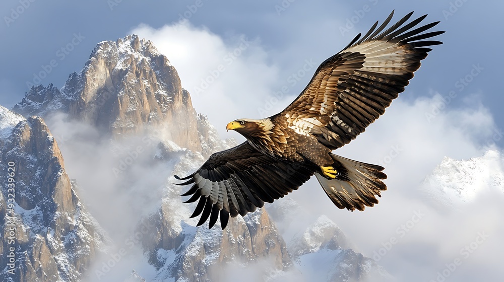 Majestic Eagle Soaring High in the Clear Blue Sky Against a Stunning Natural Landscape Majestic Eagle Soaring High in the Clear Blue Sky Against a Stunning Natural Landscape