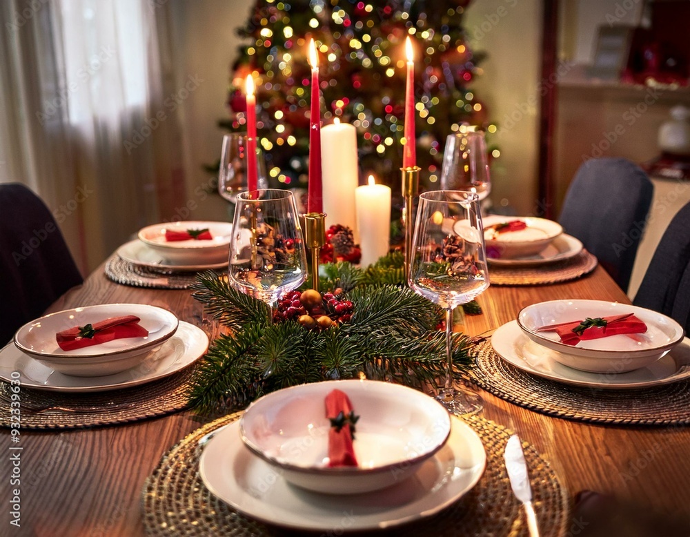 A festive holiday table setting with elegant dinnerware, candles, and seasonal decorations A festive holiday table setting with elegant dinnerware, candles, and seasonal decorations