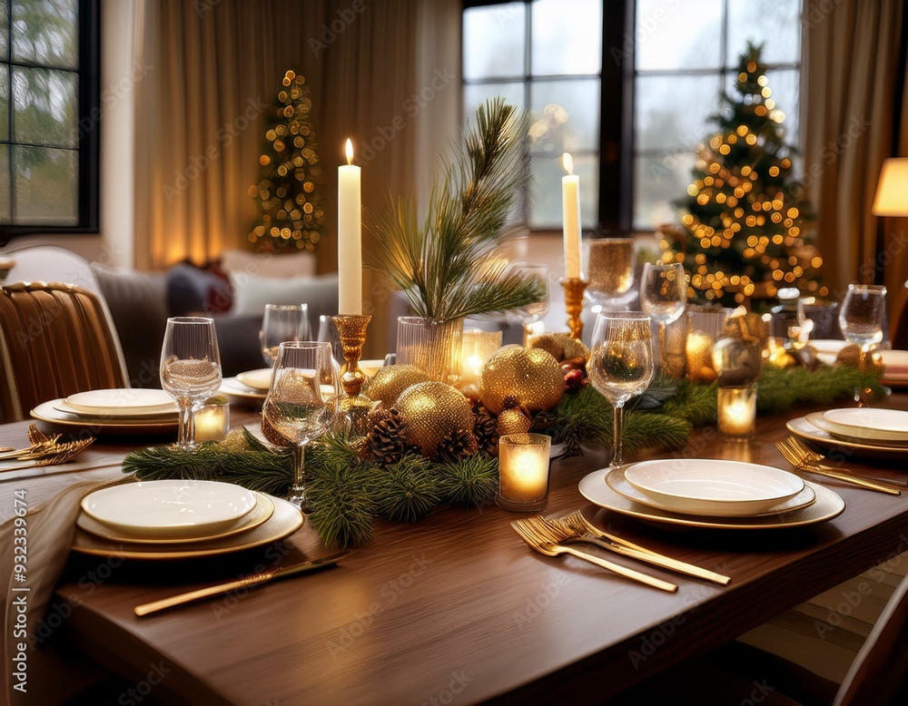 A festive holiday table setting with elegant dinnerware, candles, and seasonal decorations A festive holiday table setting with elegant dinnerware, candles, and seasonal decorations