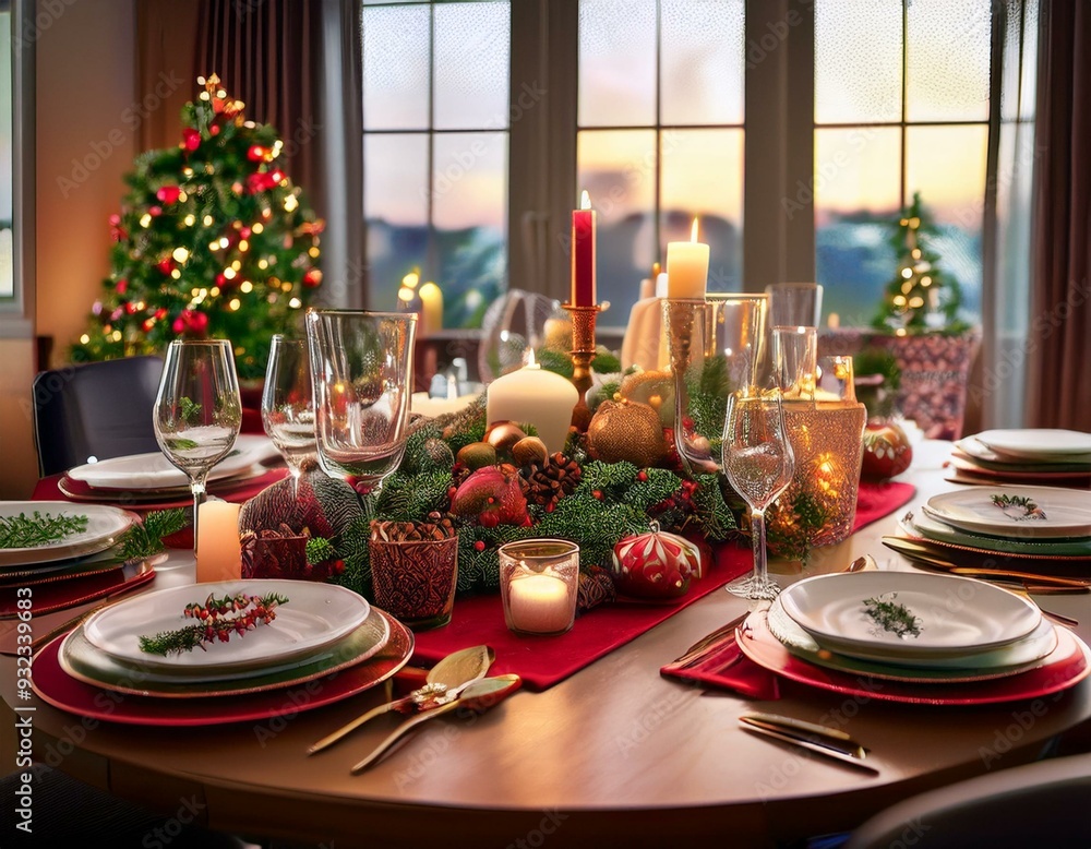 Fototapeta premium A festive holiday table setting with elegant dinnerware, candles, and seasonal decorations
