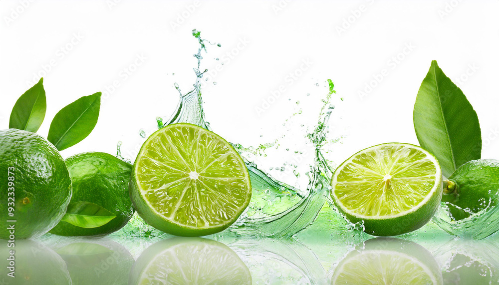 Beautiful majestic Fresh limes splashing with leaves Beautiful majestic Fresh limes splashing with leaves
