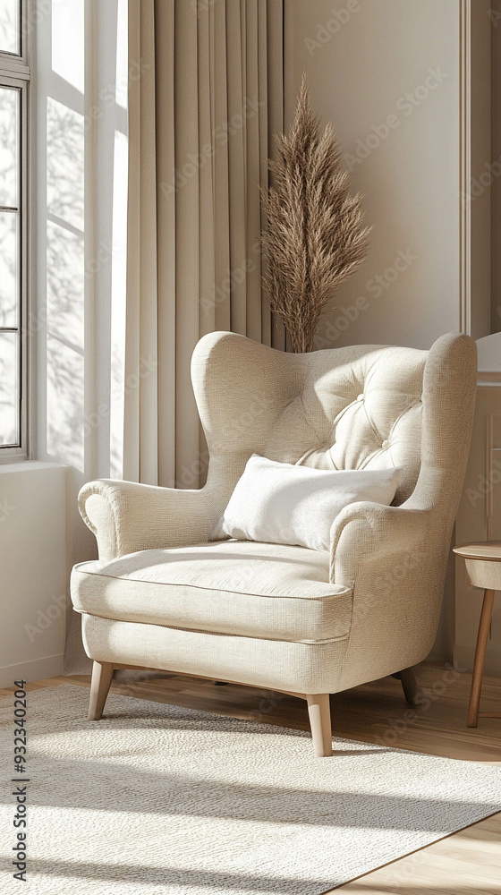 Fototapeta premium Vertical photo of a comfortable and modern armchair in light beige colors and sun light reflection