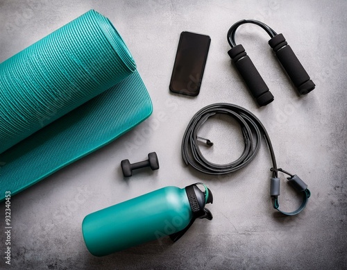 A flat lay of gym essentials including a water bottle, yoga mat, resistance bands, and wirel photo