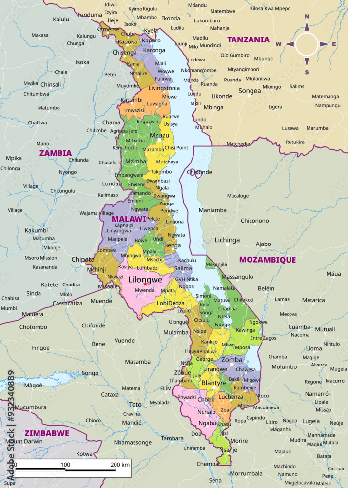 Fototapeta premium Detailed physical map of Malawi