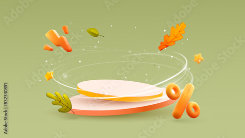 Autumn sale podium with falling leaves and discount tags. Fall sale advertising banner. Thanksgiving or seasonal marketing materials. Vector illustration on green background.
