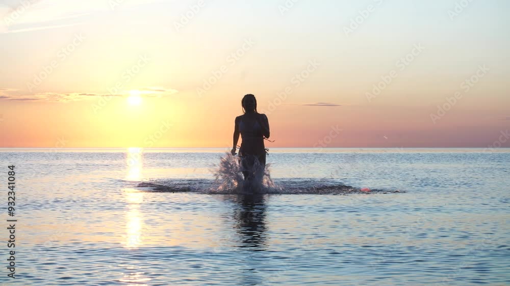 Beautiful girl running on water in the sea at sunset. Beautiful girl running on water in the sea at sunset.