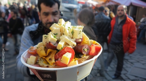 Hot and savory kumru sandwich filled with Turkish sausage cheese and tomatoes fresh from a street food vendor photo