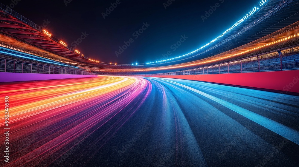 A high-speed motion blur shot of a race on a brightly lit track at night, capturing the intensity, speed, and adrenaline of the event A high-speed motion blur shot of a race on a brightly lit track at night, capturing the intensity, speed, and adrenaline of the event
