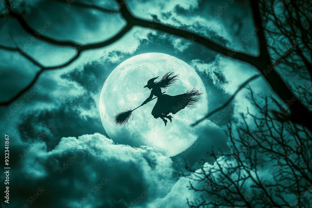 Witch flying on a broomstick across a full moon in a cloudy night sky ...
