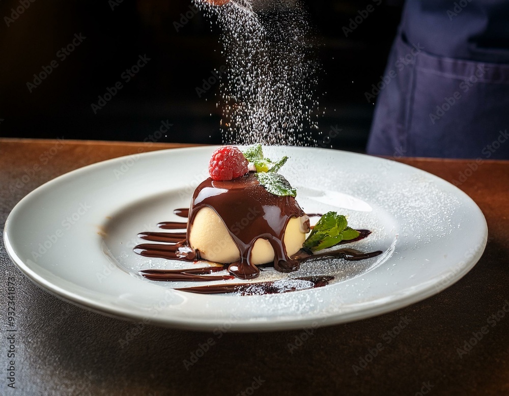 A gourmet dessert being plated, with a drizzle of chocolate sauce and a sprinkle of powdered A gourmet dessert being plated, with a drizzle of chocolate sauce and a sprinkle of powdered
