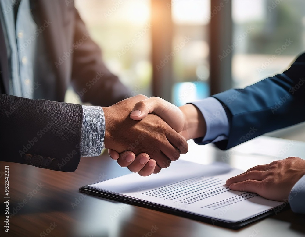 A handshake between two business professionals over a signed contract, capturing the trust a A handshake between two business professionals over a signed contract, capturing the trust a