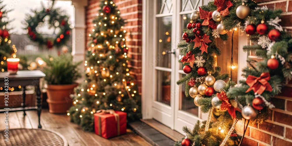 A serene and cozy porch setting, adorned with a beautifully lit Christmas tree and festive decorations, creating a welcoming atmosphere for the holiday season. A serene and cozy porch setting, adorned with a beautifully lit Christmas tree and festive decorations, creating a welcoming atmosphere for the holiday season.