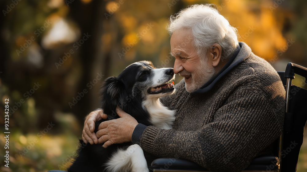 happy senior man in wheel chair with his dog outdoor happy senior man in wheel chair with his dog outdoor