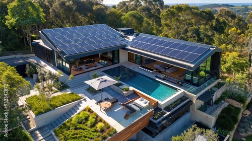 Modern house with solar panels, pool, and landscaped garden in a serene environment.