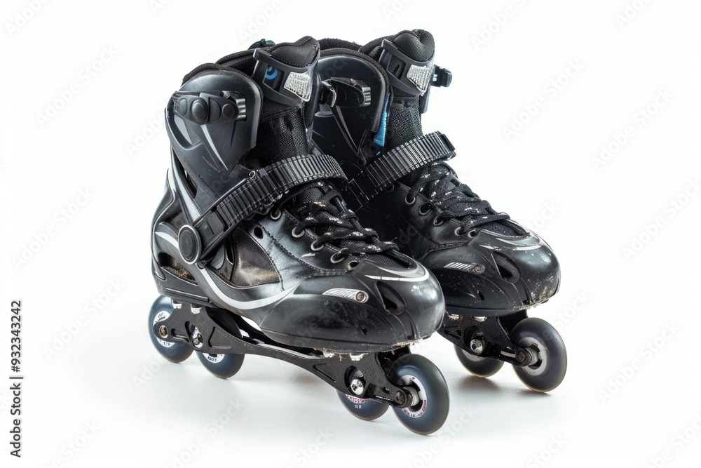 A pair of black roller skates placed on a clean white surface A pair of black roller skates placed on a clean white surface