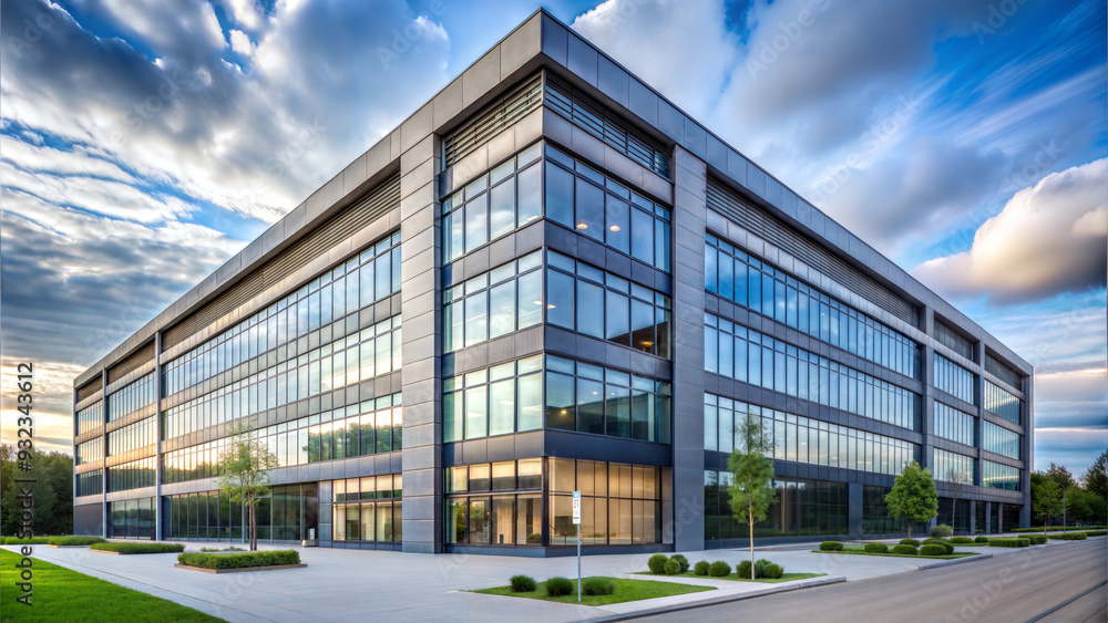 Obraz premium Modern glass office building with a reflective facade, surrounded by greenery and dramatic sky