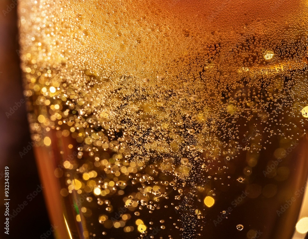A macro shot of effervescent bubbles in champagne, reflecting golden light A macro shot of effervescent bubbles in champagne, reflecting golden light